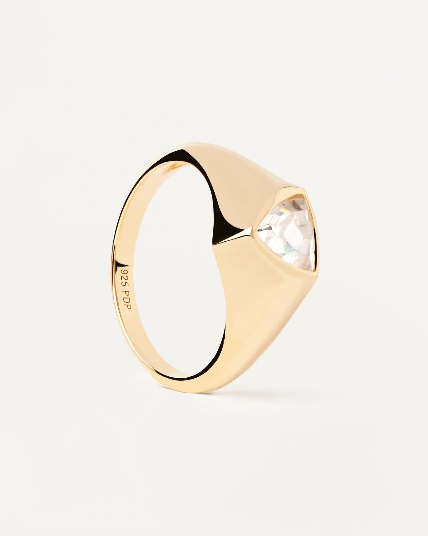 2024 Selection | Triangle Shimmer Stamp Ring. Gold-plated silver signet ring with triangular white zirconia. Get the latest arrival from PDPAOLA. Place your order safely and get this Best Seller. Free Shipping.