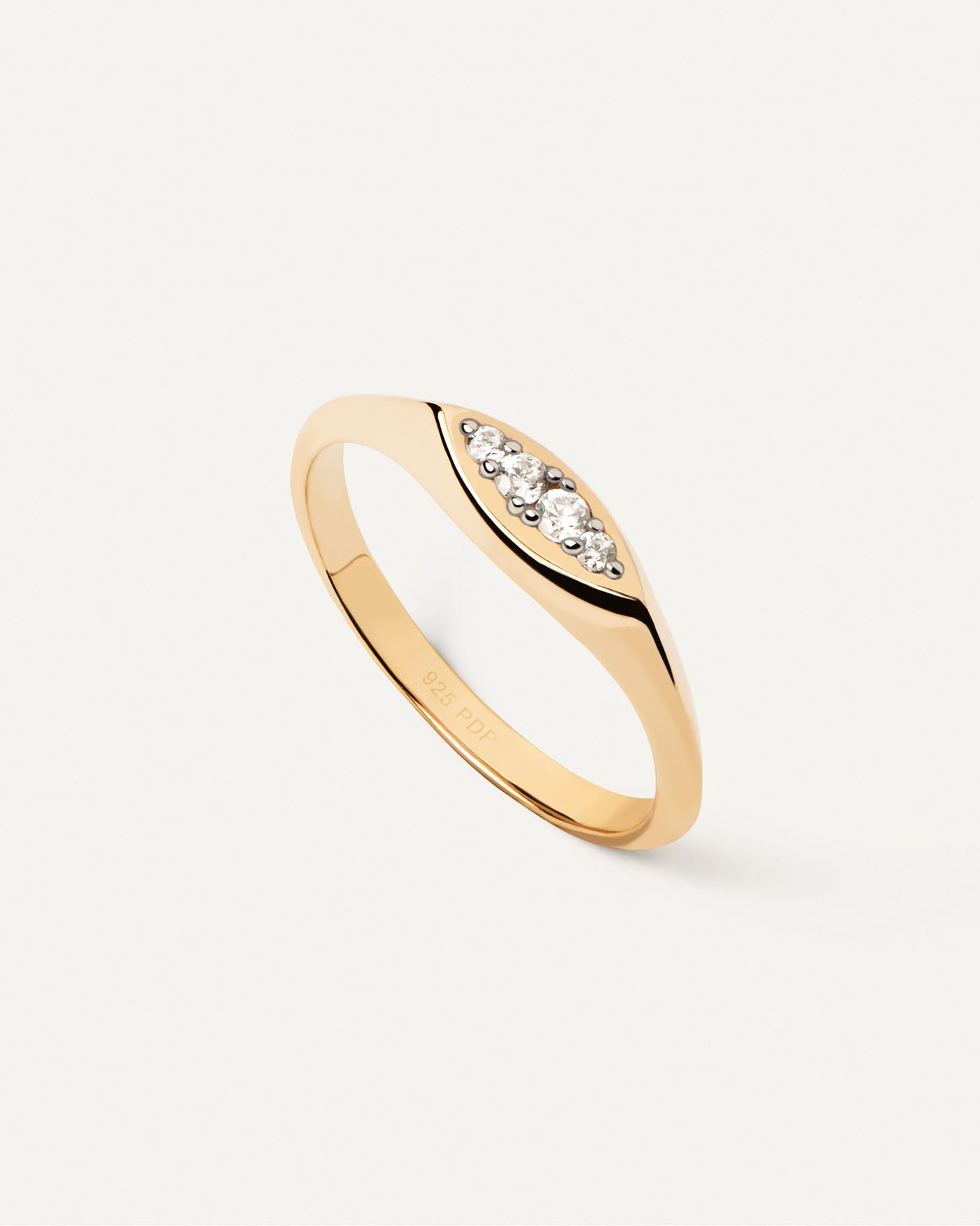 2024 Selection | Gala Stamp Ring. Gold-plated slim signet ring set with eye shape white zirconia multi-stone cluster . Get the latest arrival from PDPAOLA. Place your order safely and get this Best Seller. Free Shipping.