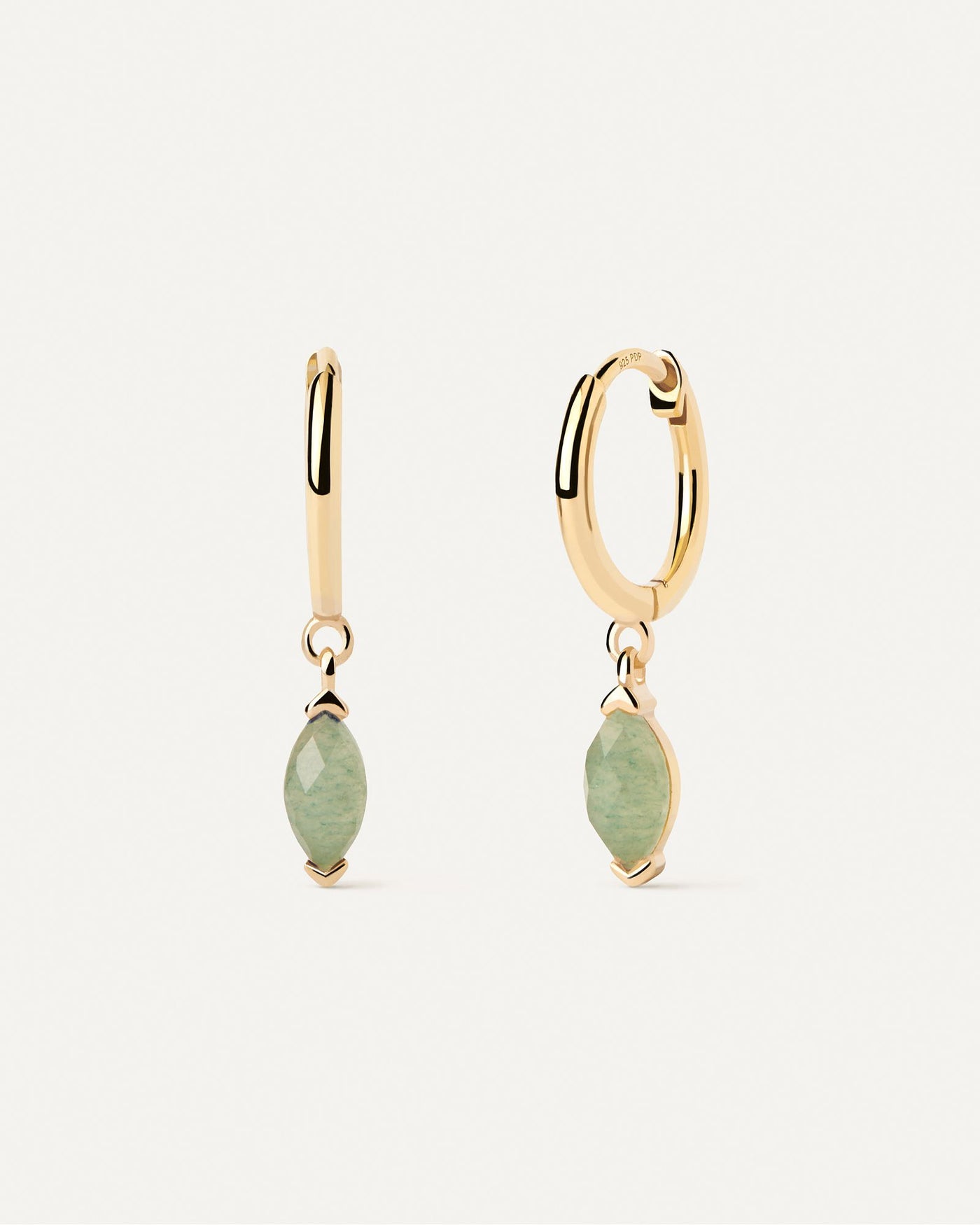 2024 Selection | Green Aventurine Nomad Hoops. Gold-plated drop hoops with pear shape green gemstone pendant. Get the latest arrival from PDPAOLA. Place your order safely and get this Best Seller. Free Shipping.