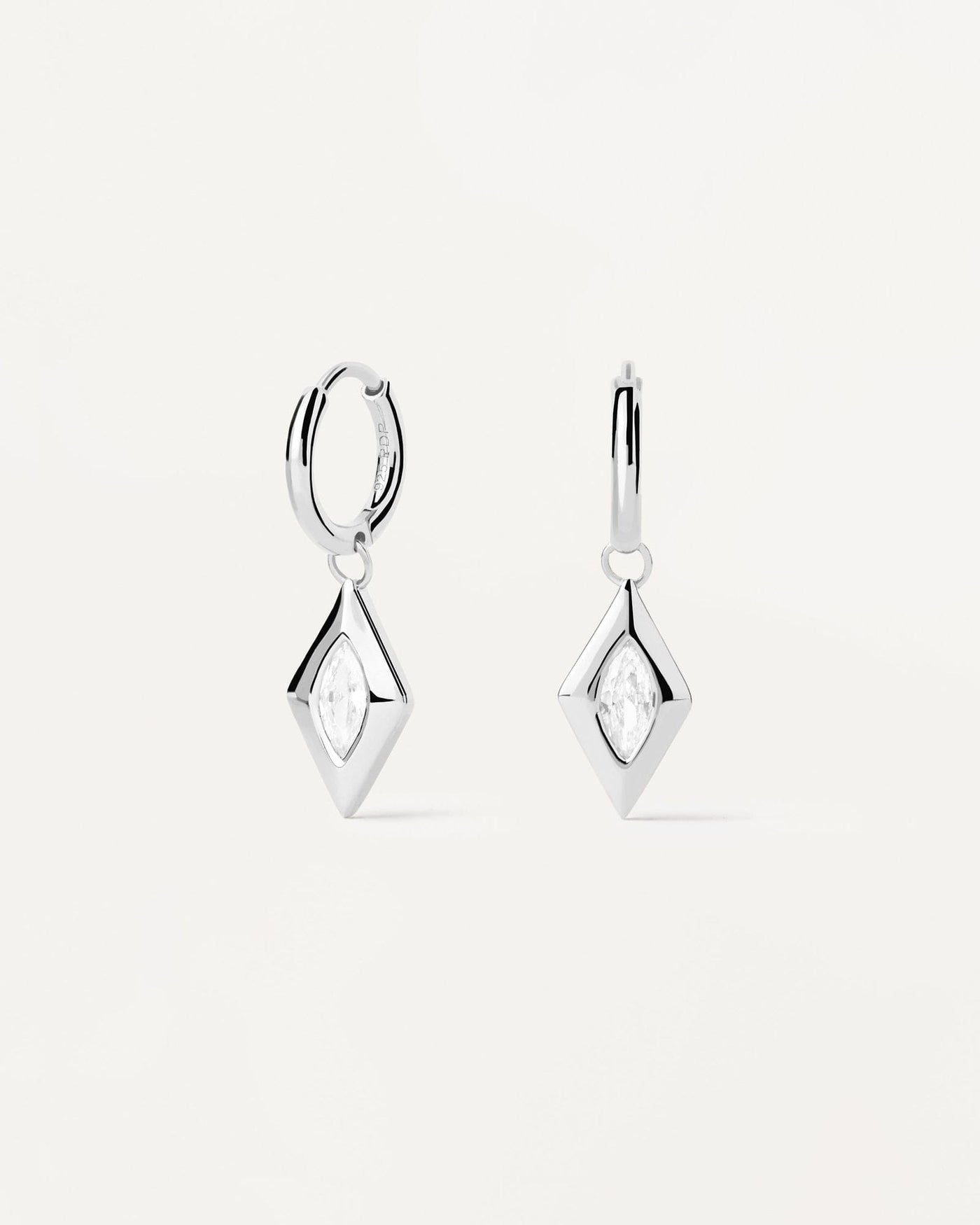 2024 Selection | Kate Drop Silver Hoops. Silver hoop earrings with hanging rhombus set with oval zirconia. Get the latest arrival from PDPAOLA. Place your order safely and get this Best Seller. Free Shipping.
