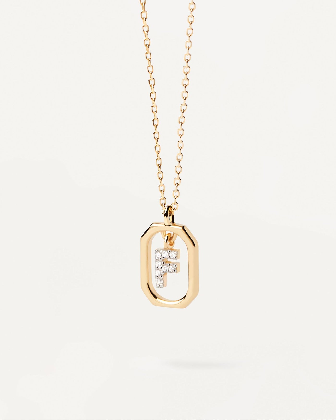 2024 Selection | Mini Letter F Necklace. Small initial F necklace in zirconia inside gold-plated silver octagonal pendant. Get the latest arrival from PDPAOLA. Place your order safely and get this Best Seller. Free Shipping.