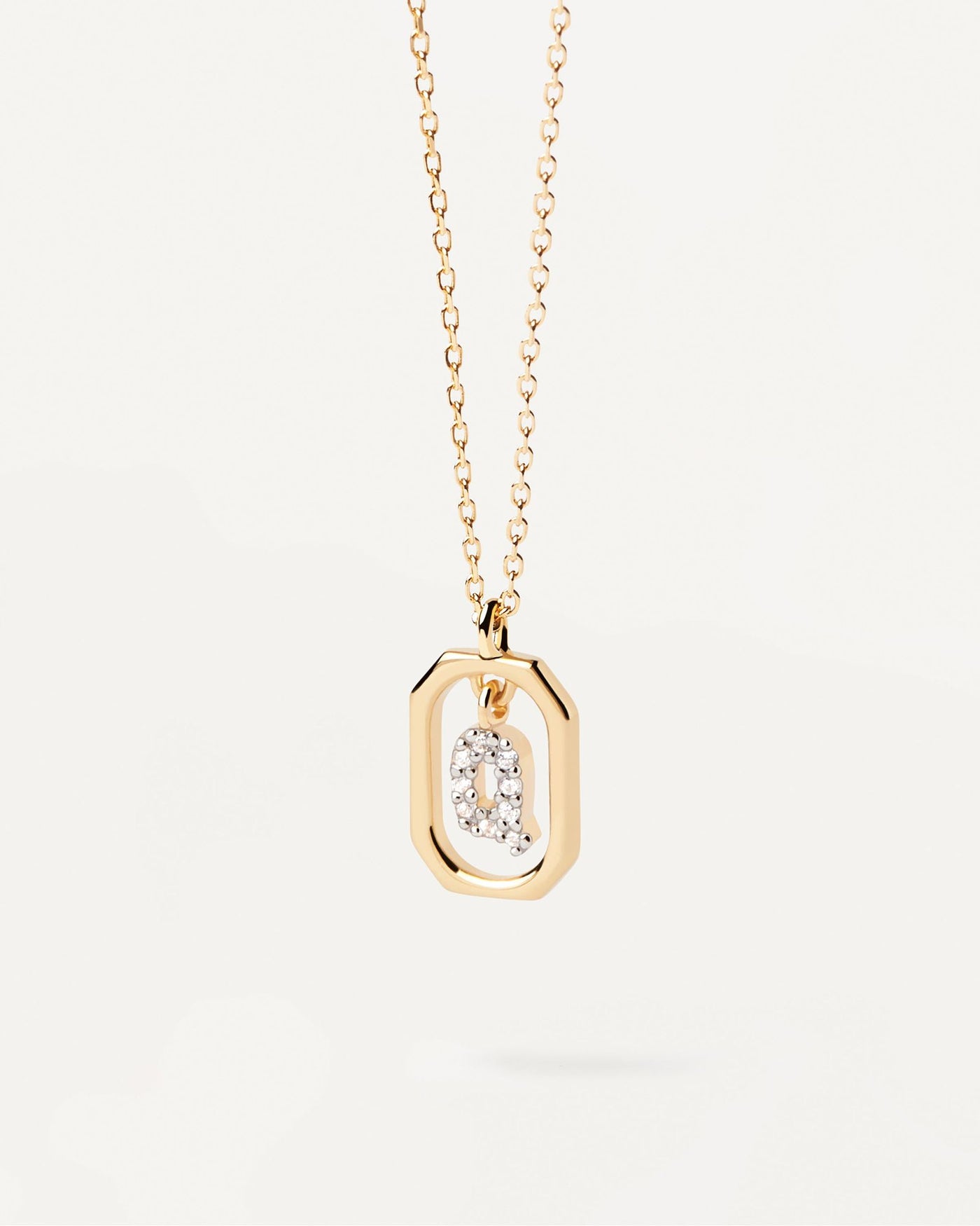 2024 Selection | Mini Letter Q Necklace. Small initial Q necklace in zirconia inside gold-plated silver octagonal pendant. Get the latest arrival from PDPAOLA. Place your order safely and get this Best Seller. Free Shipping.