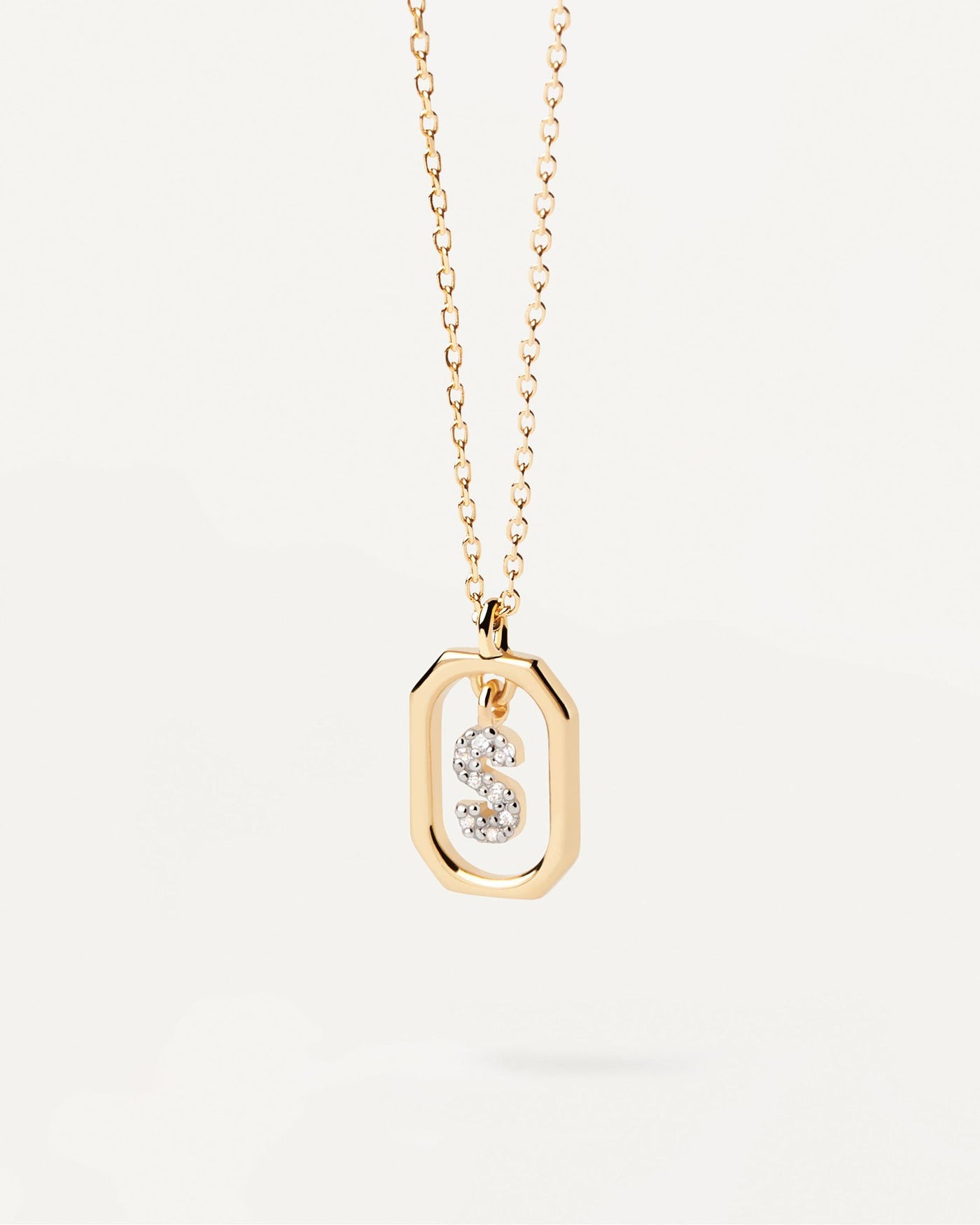 2024 Selection | Mini Letter S Necklace. Small initial S necklace in zirconia inside gold-plated silver octagonal pendant. Get the latest arrival from PDPAOLA. Place your order safely and get this Best Seller. Free Shipping.