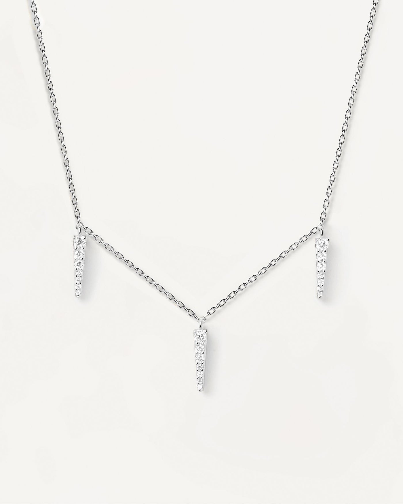2024 Selection | Peak Supreme Silver Necklace. 925 silver necklace with three pointy pendants of white zirconia. Get the latest arrival from PDPAOLA. Place your order safely and get this Best Seller. Free Shipping.
