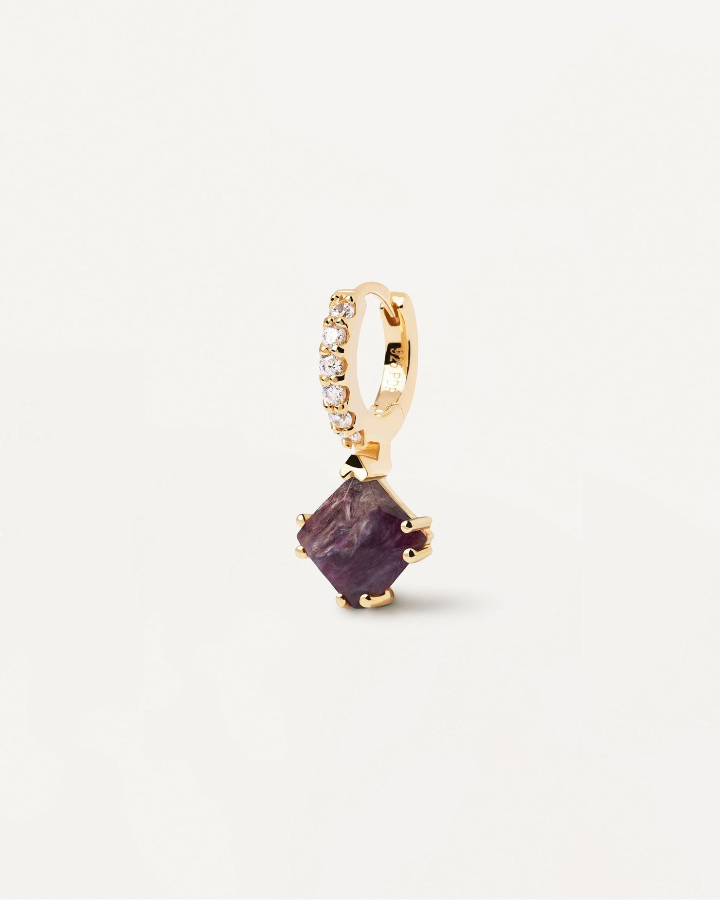2024 Selection | Fuji Charoite Single Earring. Gold-plated hoop ear piercing with white zirconia and purple squared gemstone pendant. Get the latest arrival from PDPAOLA. Place your order safely and get this Best Seller. Free Shipping.