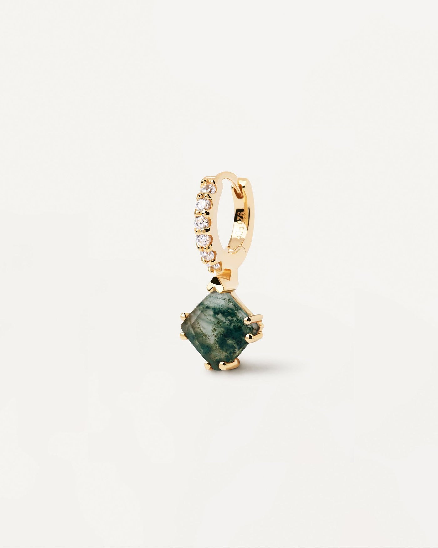 2024 Selection | Fuji Moss Agate Single Earring. Gold-plated hoop ear piercing with white zirconia and dark green squared gemstone pendant. Get the latest arrival from PDPAOLA. Place your order safely and get this Best Seller. Free Shipping.