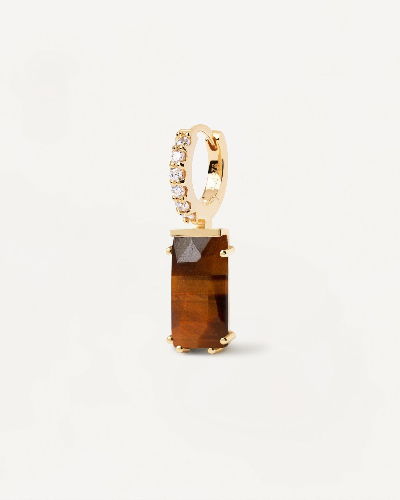 2024 Selection | Kaori Tiger Eye Single Earring. Gold-plated hoop ear piercing with white zirconia and brown rectangular gemstone pendant. Get the latest arrival from PDPAOLA. Place your order safely and get this Best Seller. Free Shipping.