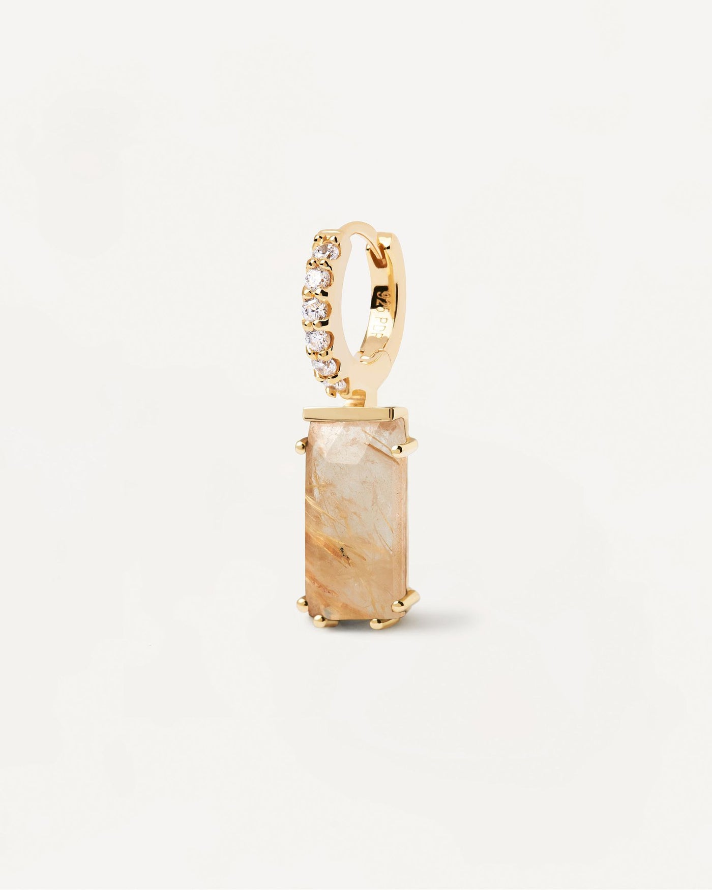 2024 Selection | Kaori Rutilated Quartz Single Earring. Gold-plated hoop ear piercing with white zirconia and beige rectangular gemstone pendant. Get the latest arrival from PDPAOLA. Place your order safely and get this Best Seller. Free Shipping.