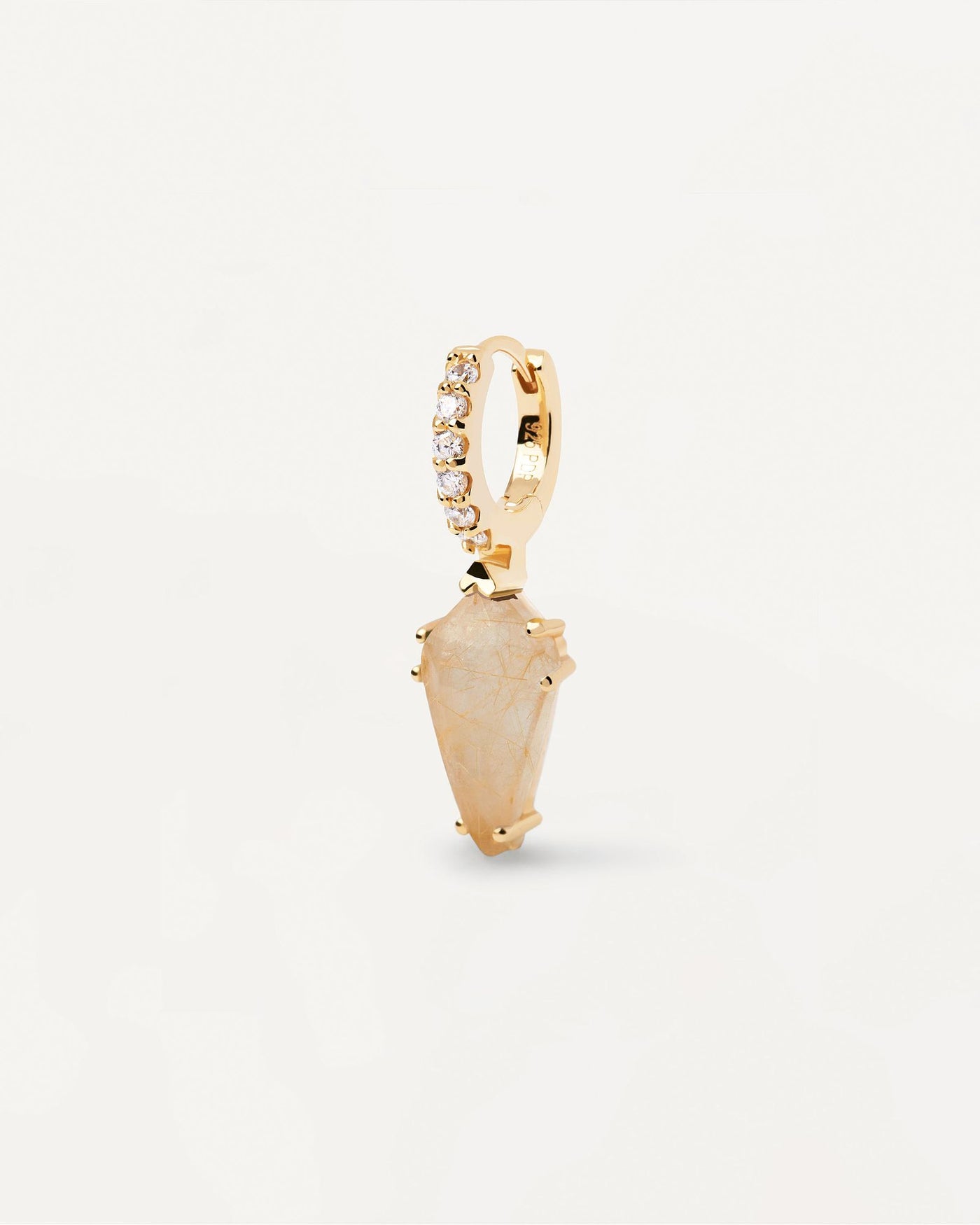 2024 Selection | Naoki Rutilated Quartz Single Earring. Gold-plated hoop ear piercing with white zirconia and beige pointed gemstone pendant. Get the latest arrival from PDPAOLA. Place your order safely and get this Best Seller. Free Shipping.