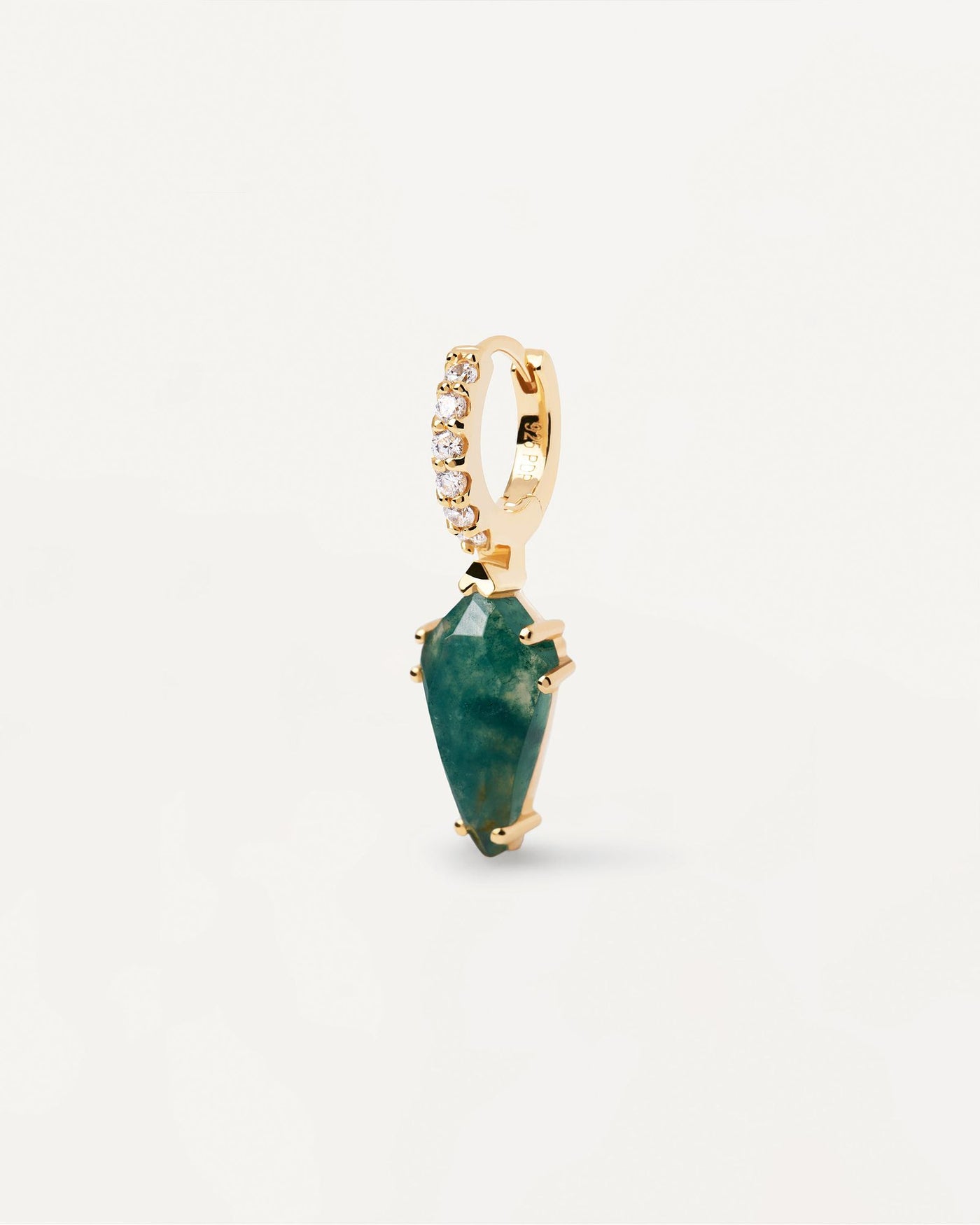 2024 Selection | Naoki Moss Agate Single Earring. Gold-plated hoop ear piercing with white zirconia and dark green pointed gemstone pendant. Get the latest arrival from PDPAOLA. Place your order safely and get this Best Seller. Free Shipping.