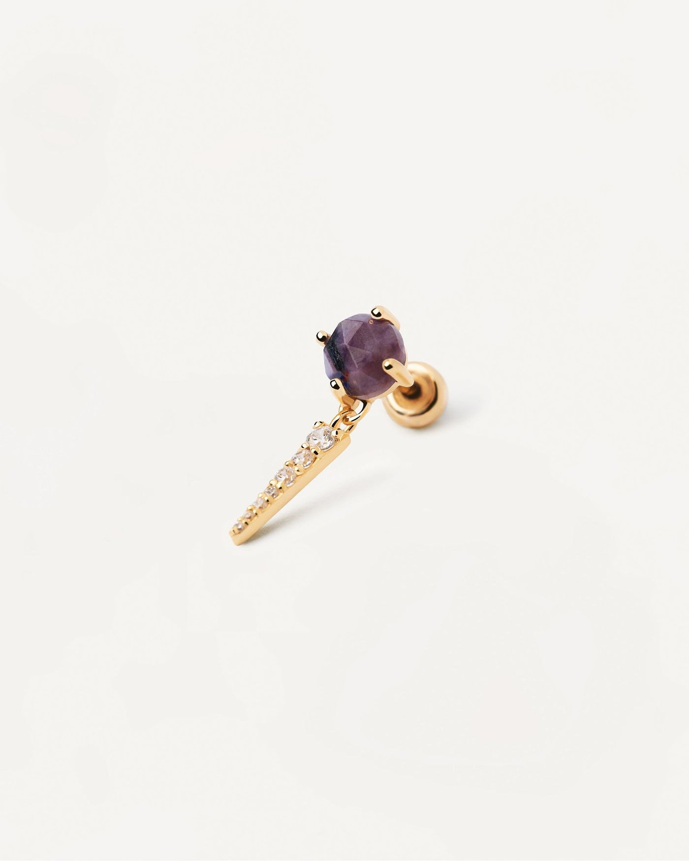 2024 Selection | Yoki Charoite Single Earring. Gold-plated ear piercing with purple gemstone and white zirconia pendant. Get the latest arrival from PDPAOLA. Place your order safely and get this Best Seller. Free Shipping.