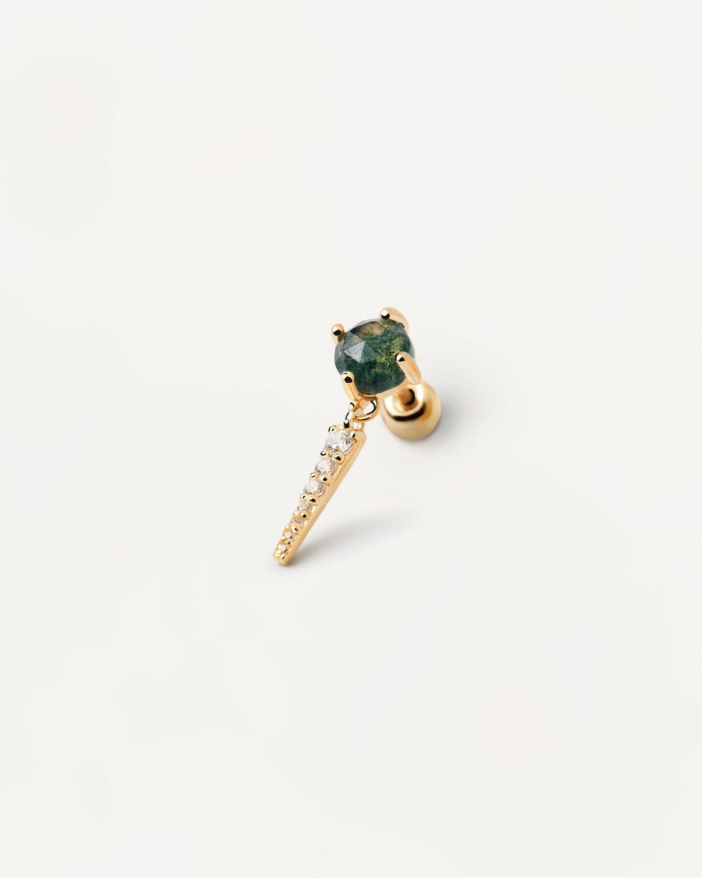 2024 Selection | Yoki Moss Agate Single Earring. Gold-plated ear piercing with dark green gemstone and white zirconia pendant. Get the latest arrival from PDPAOLA. Place your order safely and get this Best Seller. Free Shipping.