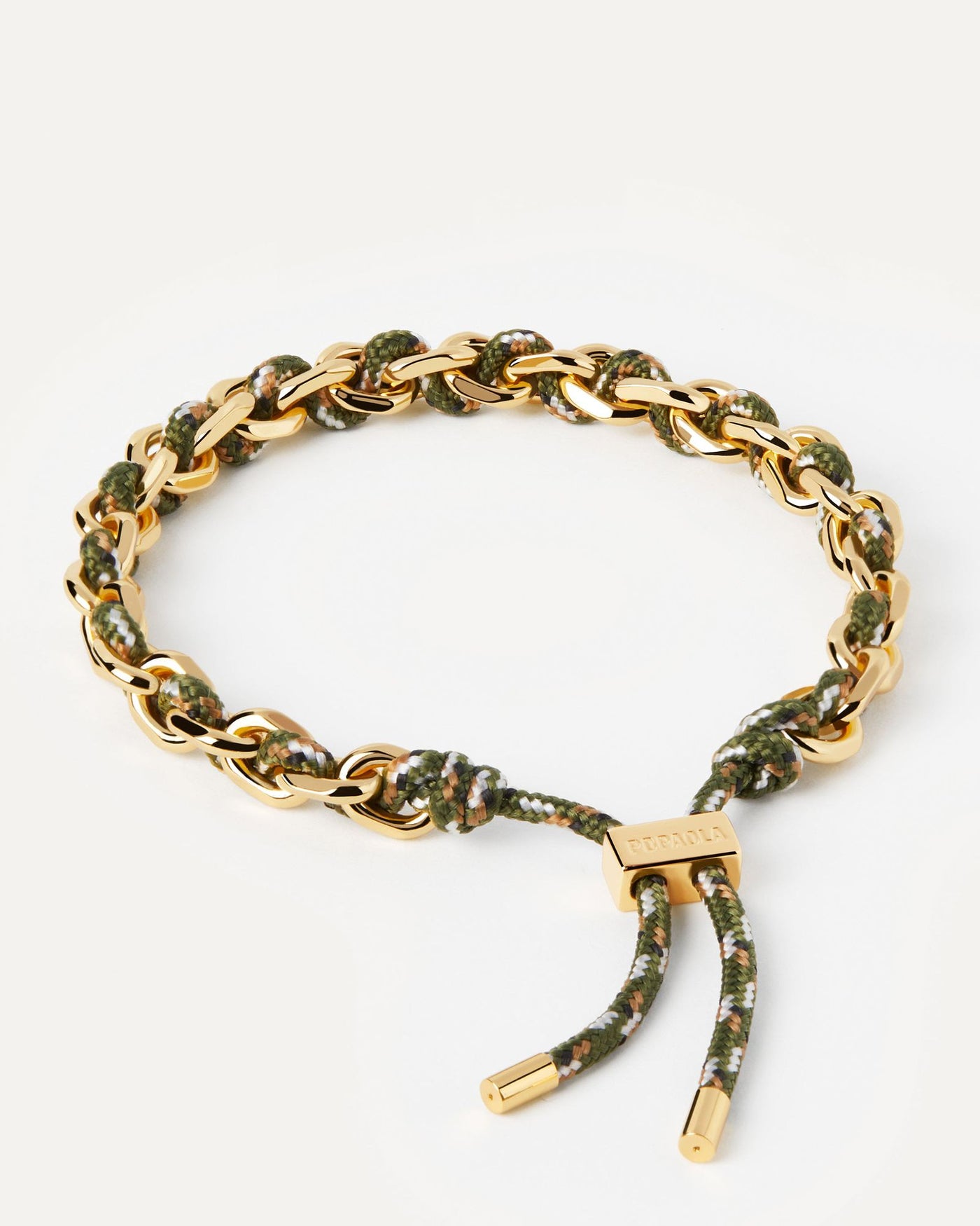 2024 Selection | Cottage Rope and Chain Bracelet. Golden chain bracelet with a forest green rope adjustable sliding clasp. Get the latest arrival from PDPAOLA. Place your order safely and get this Best Seller. Free Shipping.