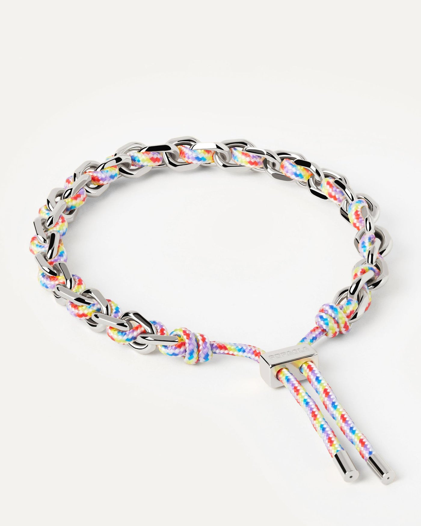 2024 Selection | Prisma Rope and Chain Silver Bracelet. Silver chain bracelet with a multicolor rope adjustable sliding clasp. Get the latest arrival from PDPAOLA. Place your order safely and get this Best Seller. Free Shipping.