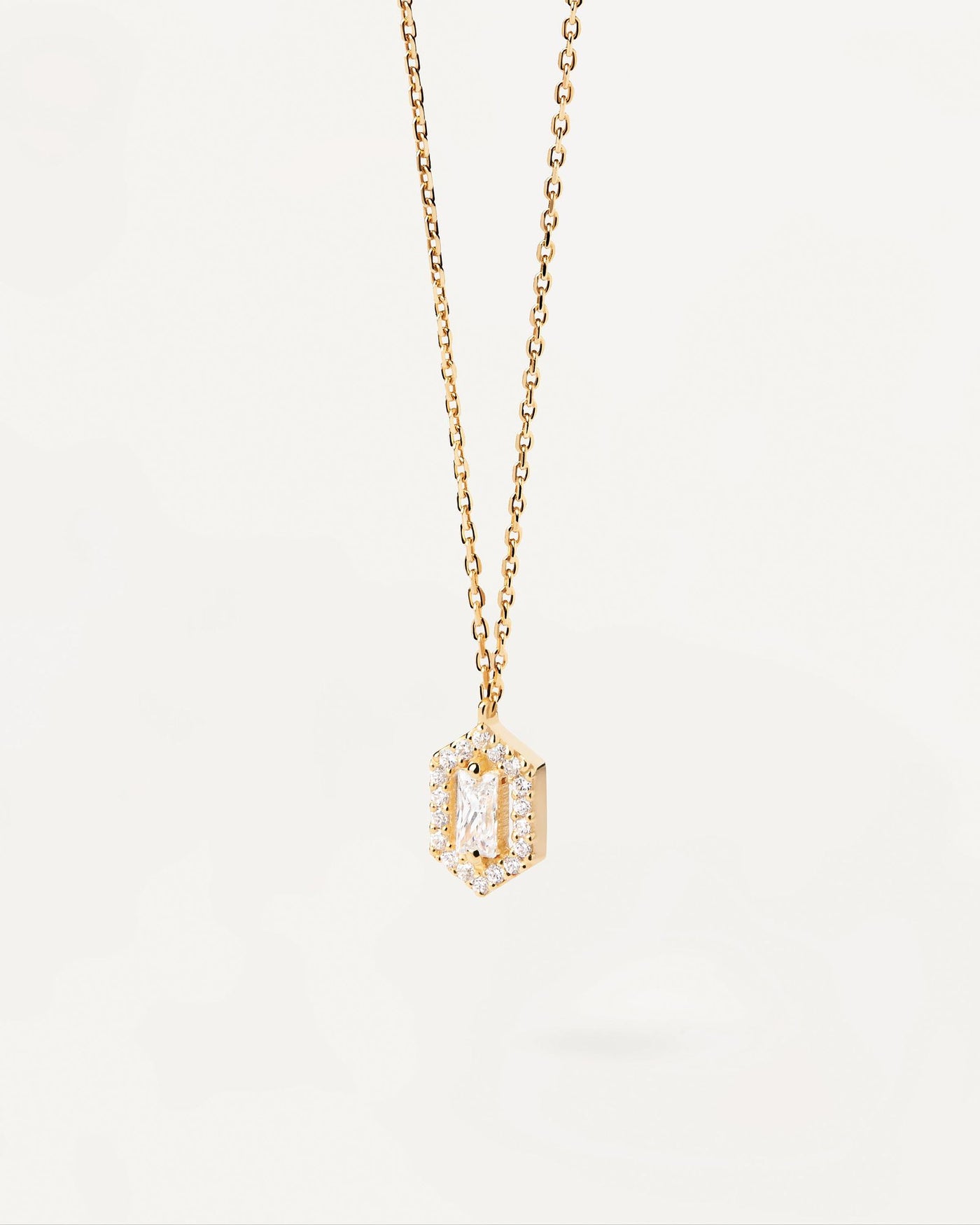 2024 Selection | Sentiment Necklace. Gold-plated necklace with hexagon shape pendant with white zirconia. Get the latest arrival from PDPAOLA. Place your order safely and get this Best Seller. Free Shipping.