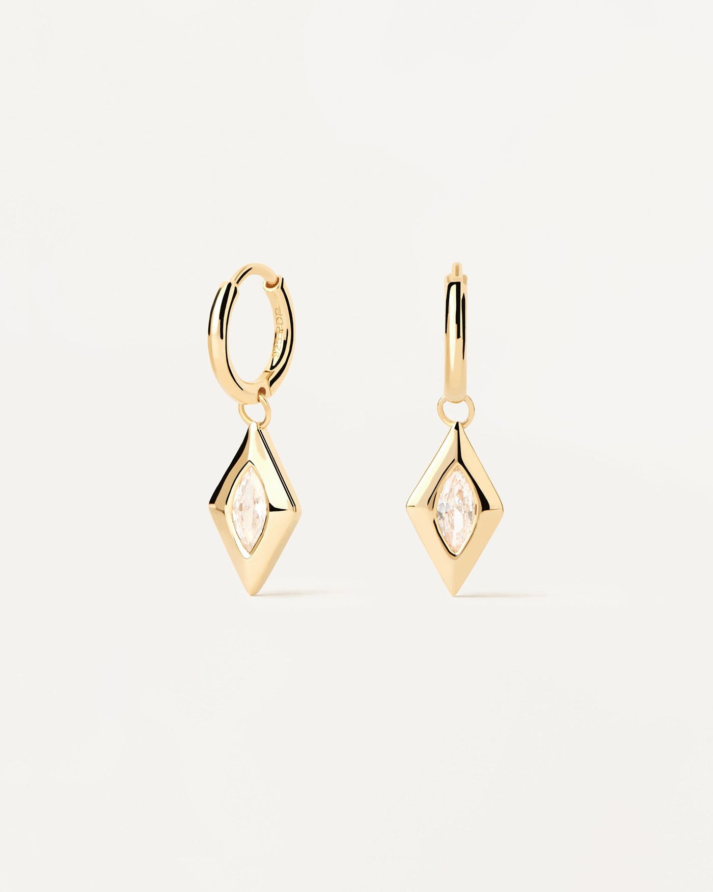 2024 Selection | Kate Drop Hoops. Gold-plated hoop earrings with hanging rhombus set with oval zirconia. Get the latest arrival from PDPAOLA. Place your order safely and get this Best Seller. Free Shipping.