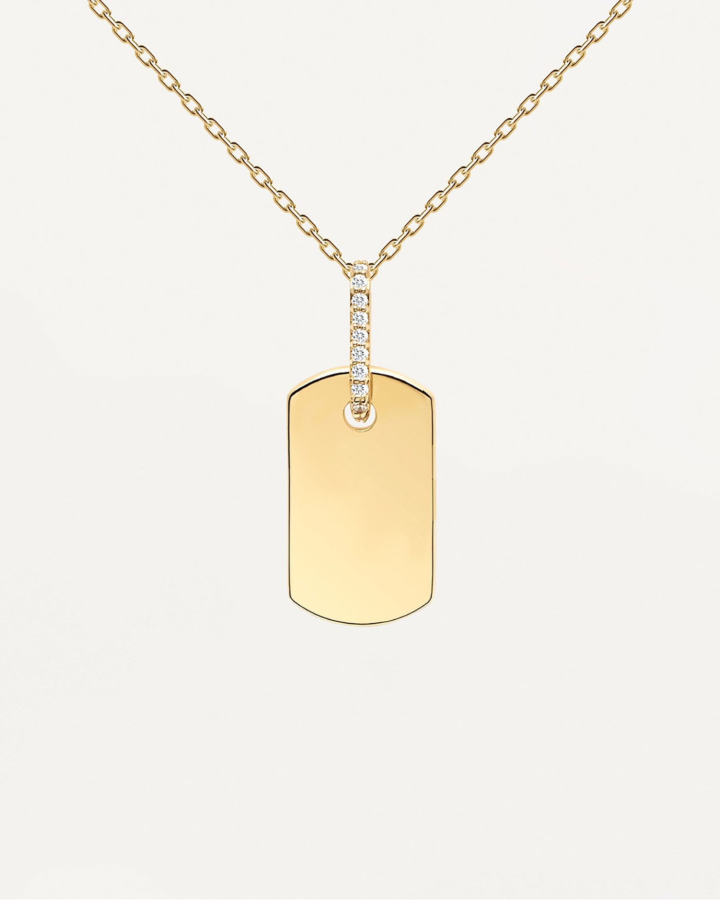 2024 Selection | Talisman Necklace. Personalized necklace in gold-plated silver with engravable plate hanging from white zirconia. Get the latest arrival from PDPAOLA. Place your order safely and get this Best Seller. Free Shipping.