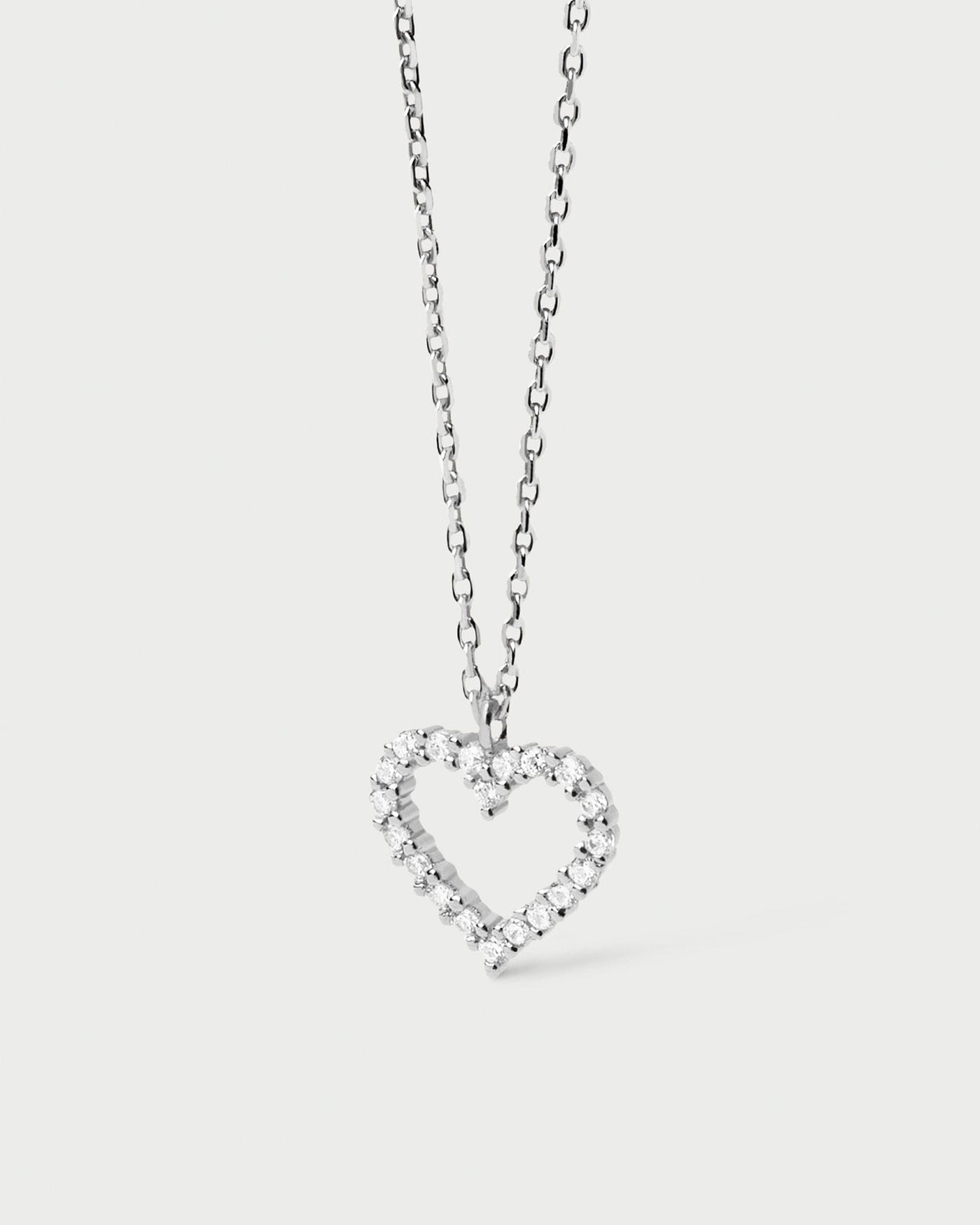 2024 Selection | White Heart Necklace Silver. Heart pendant set with white zirconia stones on a sterling single link chain necklace. Get the latest arrival from PDPAOLA. Place your order safely and get this Best Seller. Free Shipping.