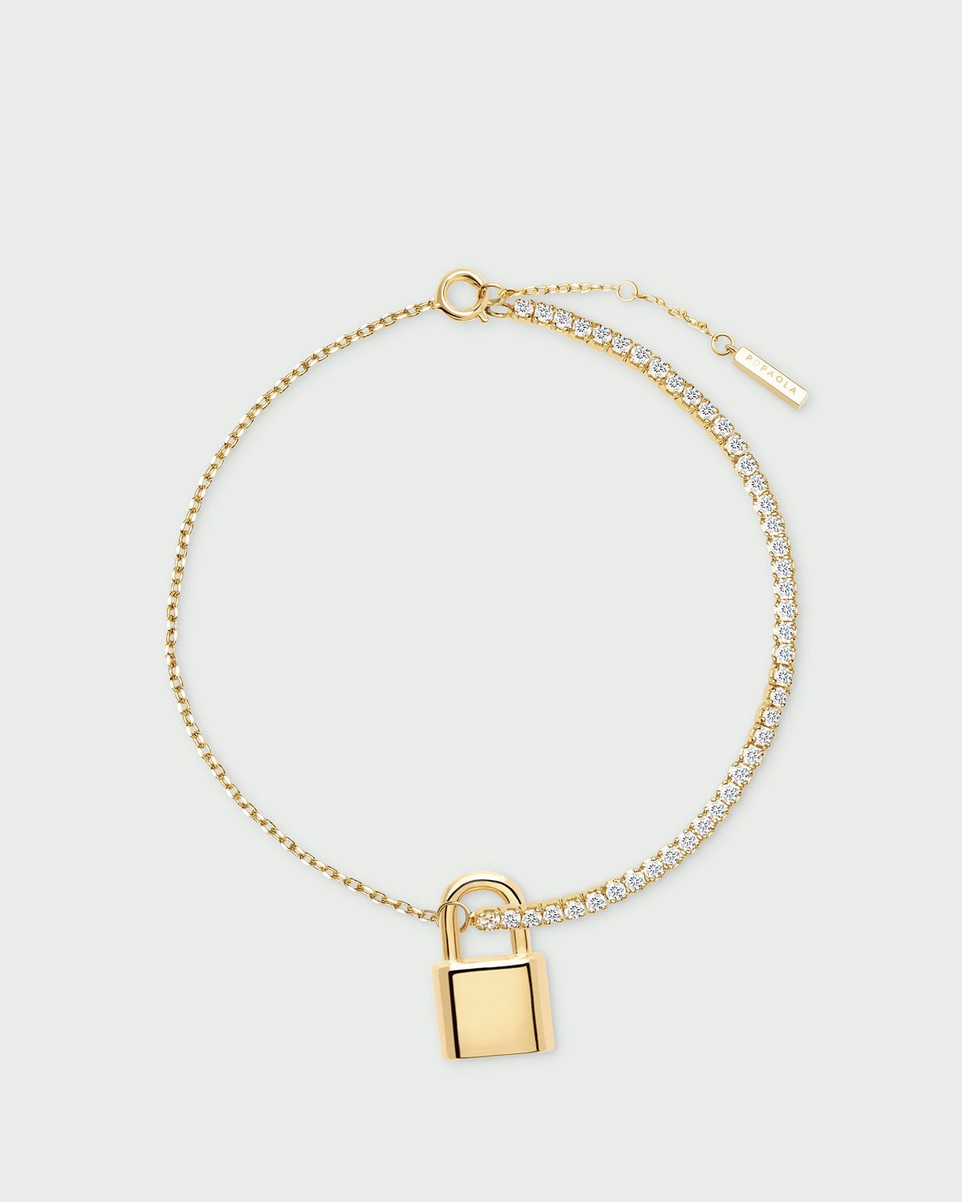 2024 Selection | Bond Bracelet. Gold-plated silver bracelet with white zirconia and personalized padlock pendant. Get the latest arrival from PDPAOLA. Place your order safely and get this Best Seller. Free Shipping.