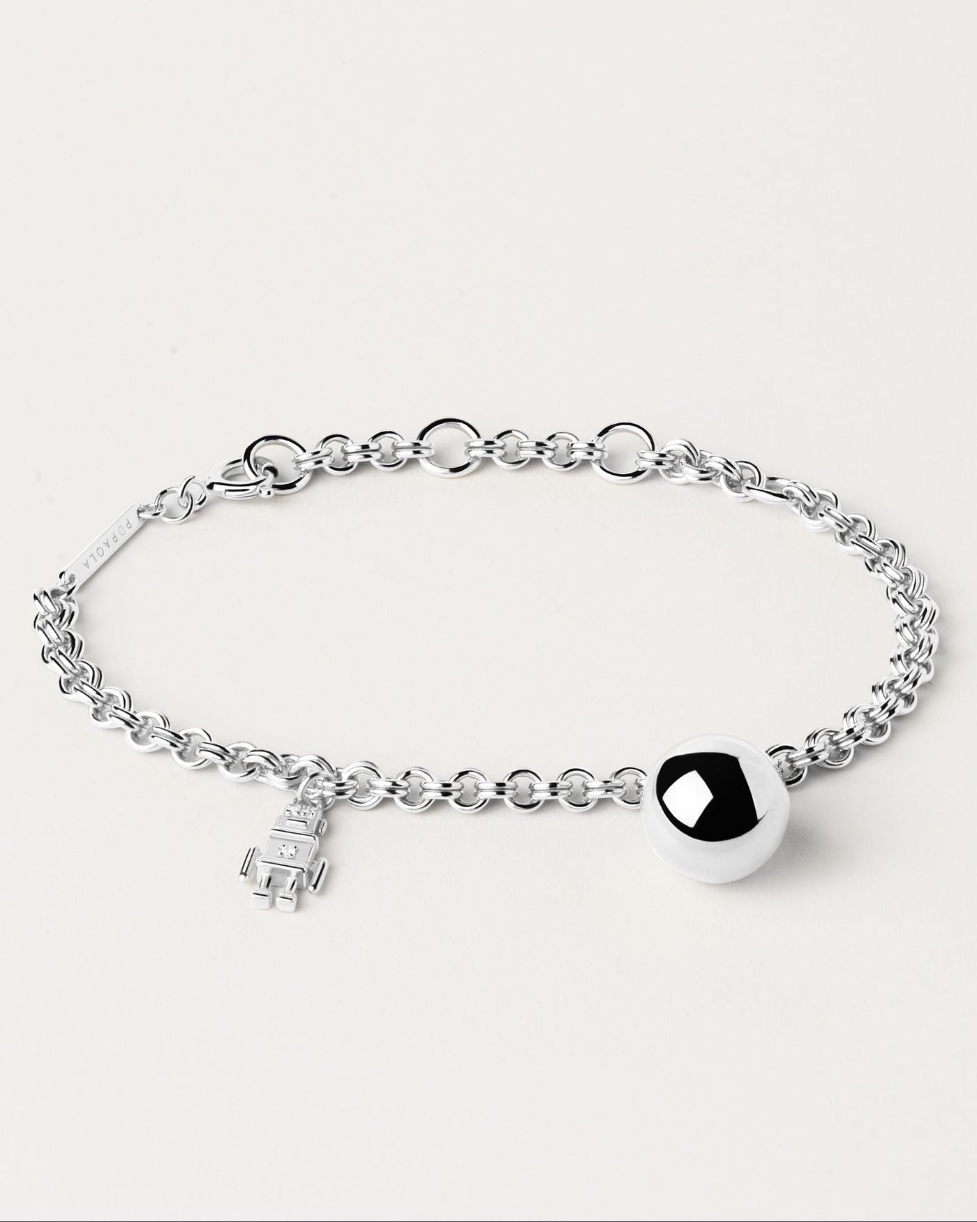 2024 Selection | Space Age Silver Bracelet. 925 silver chain bracelet with robot and ball motives. Get the latest arrival from PDPAOLA. Place your order safely and get this Best Seller. Free Shipping.